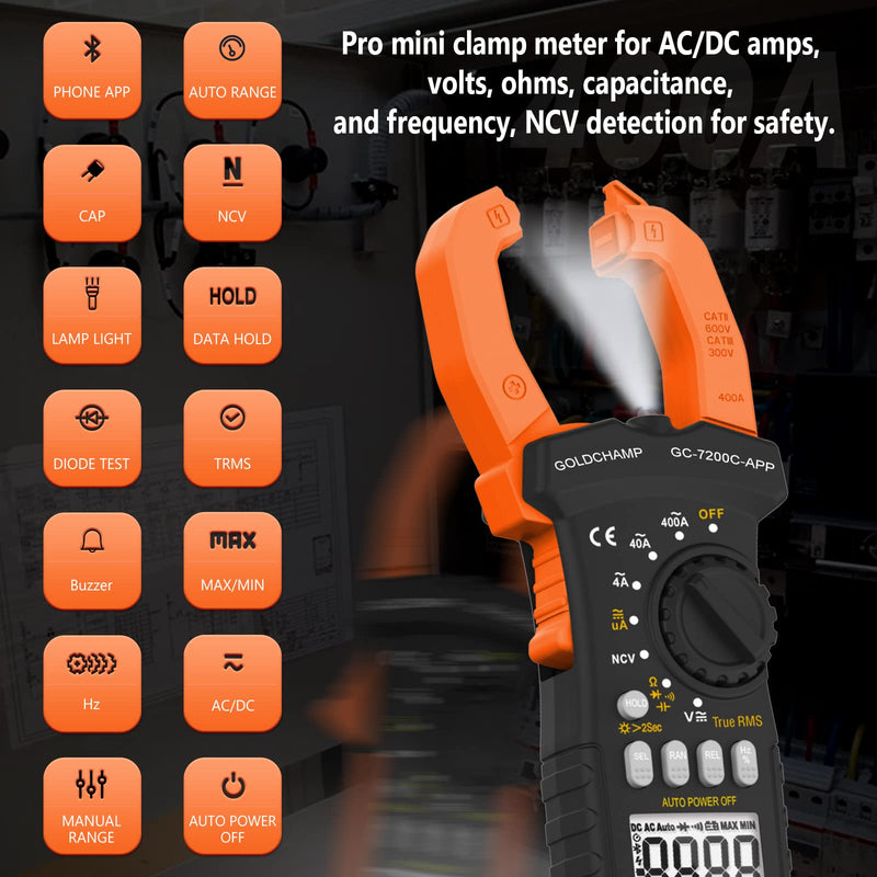 [Australia - AusPower] - Digital Clamp Meter with APP Bluetooth, 4nF~40mF Capacitance Meter, 400uA/4000uA DC Current, True RMS AC Clamp Meter, 400?~40M? Resistance Meter, NCV Function and Continuity Buzzer-GC-7200CAPP GC-7200C-APP(APP amp meter) 