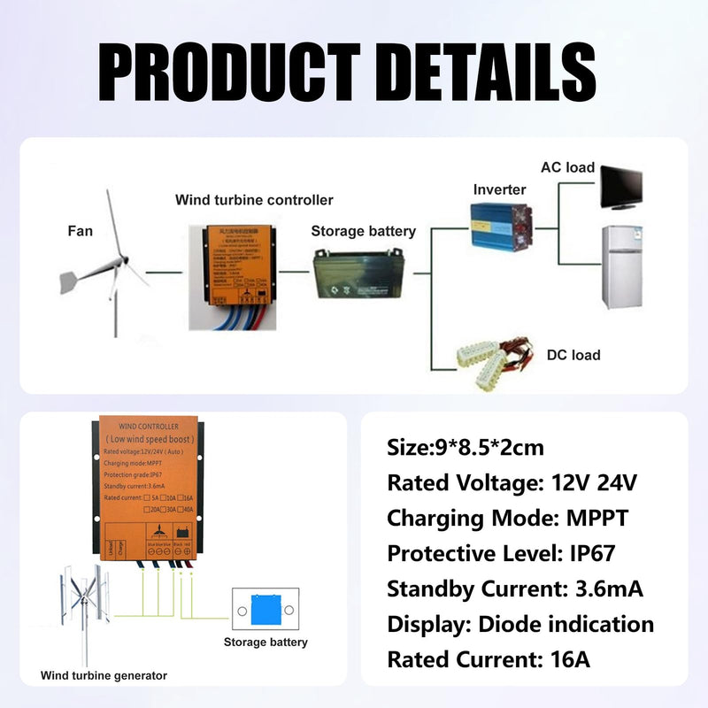 [Australia - AusPower] - Wind Turbine Generator, 12V/24V Wind Turbine Charge Controller IP67 MPPT Wind Turbine 16A 300W-1000W Step up Wind Battery Controller 