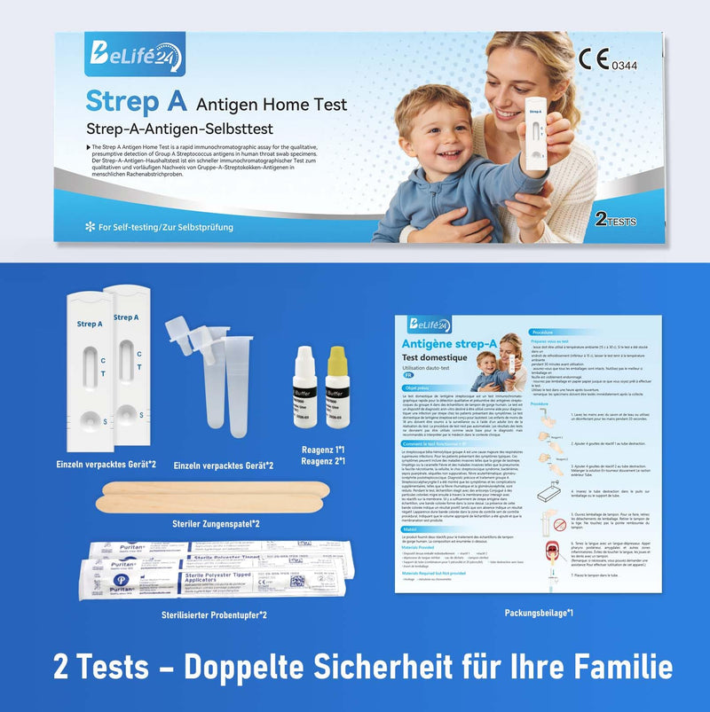 Strep A Self Test for Home Streptococcus Quick Test Throat Swab 97.5% Accuracy for Adults & Children from 4 Years (with Supervision) Pack of 2