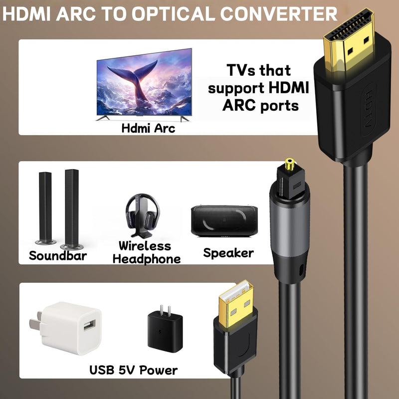 192KHz HDMI ARC to Optical Audio Converter 6FT,ARC to Optical Audio Extractor Cable,Plug & Play, AR C to O ptical Audio Adapte for HDTV to Soundbar,Amplifier-[No CEC]