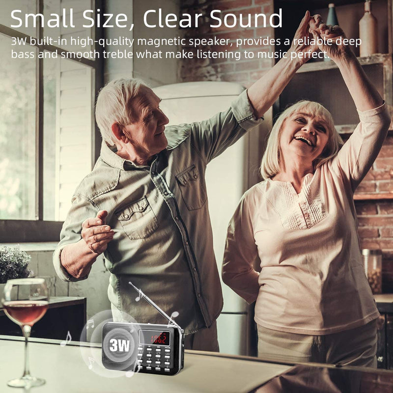[Australia - AusPower] - Mini Portable Radio AM FM Pocket Radio with MP3, LED Flashlight, Digital Radio Speaker Support Micro SD/TF Card/USB, Auto Scan Save, 1200mAh Rechargeable Battery Operated, by PRUNUS[Latest Version] Black 