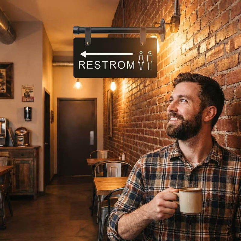 Double Sided Restroom Sign with Arrow, Wall Mount Unisex Bathroom Directional Sign with Metal Pipe Rod, Black, 11x4.7 Inch, Easy Install with Hanging Straps for Business Office & Public Hallway Bathroom (Black, Restroom)