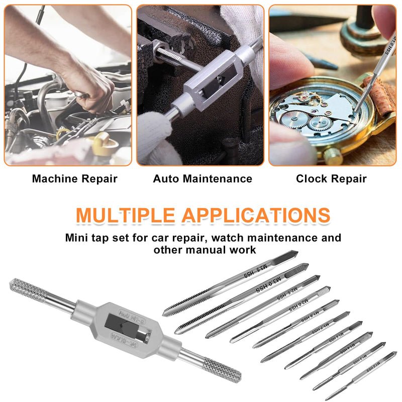 [Australia - AusPower] - 11 Piece Metric Tap Set, M1-M3.5 HSS Metric Thread Machine Tap Set, Mini Hand Tap Set with Adjustable Tap Wrench, Screw Tap Set for Wood, Plastic, Metal 11 Pieces. 