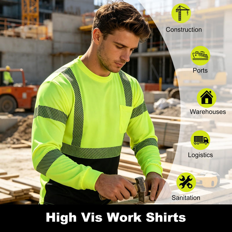 FONIRRA Safety Reflective High Visibility Shirts for Men ANSI Class 3 Hi Vis Long Sleeve Construction Work T-Shirts with Durable Reflective Tape, Yellow 3XL 3X-Large