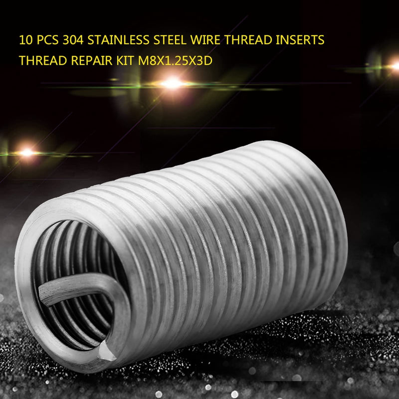 M8 x 1.25 x 3D Threaded Inserts, 10 Pieces Stainless Steel Helicoil Wire Thread Screw Inserts Repair Tool Set, for Automotive, Steam Turbines, Metal Plastic Processing Industry