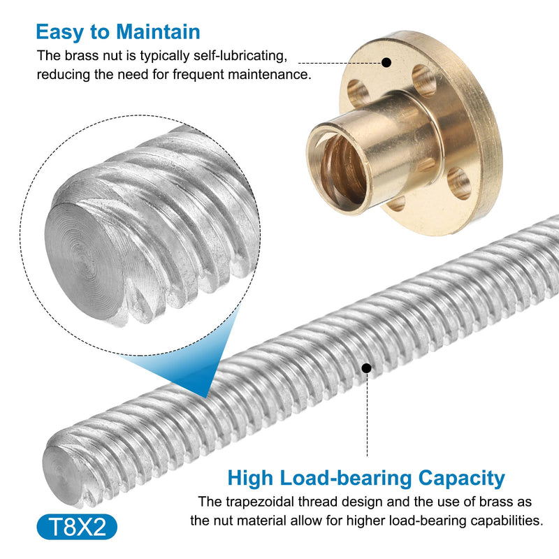 [Australia - AusPower] - uxcell 2 Pcs 100mm / 4 Inch Tr8x2 Stainless Steel Lead Screw with T8 Brass Nut - [ Acme Thread, 2mm Pitch, 8mm Lead ] for 3D Printer Z Axis, CNC Machine 
