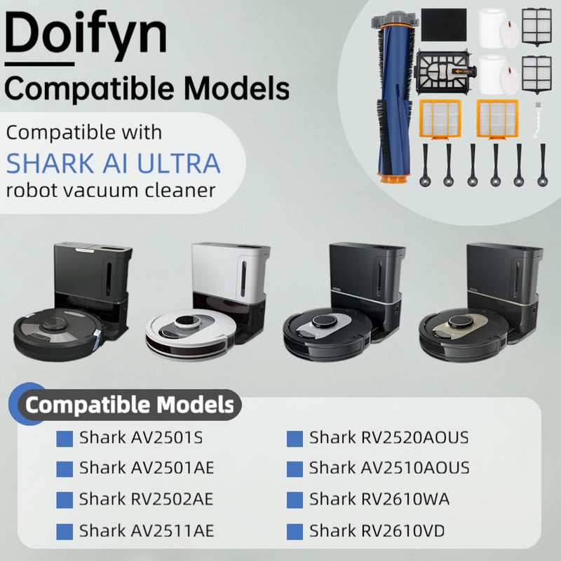 Replacement Parts Compatible with Shark AI AV2501S AV2511AE AV2501AE RV2502AE RV2610WA AV2510AOUS RV2520AOUS Robot Vacuum Cleaner, 1Main Brush, 2 motor pre-filters, 2Foam Filters, 6Side Brushes Complete Kit - 17 Parts