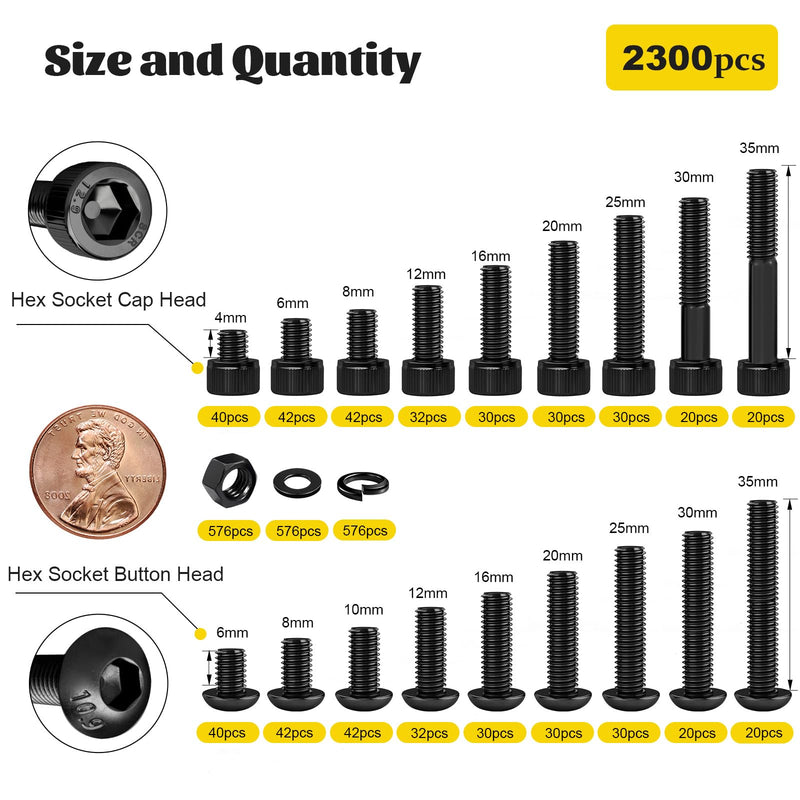 [Australia - AusPower] - 2300PCS M3 Screws with Nuts Assortment Kit & 225PCS Metric M4 M5 M6 Machine Screws Assortment Kit, Black Zinc Plated 