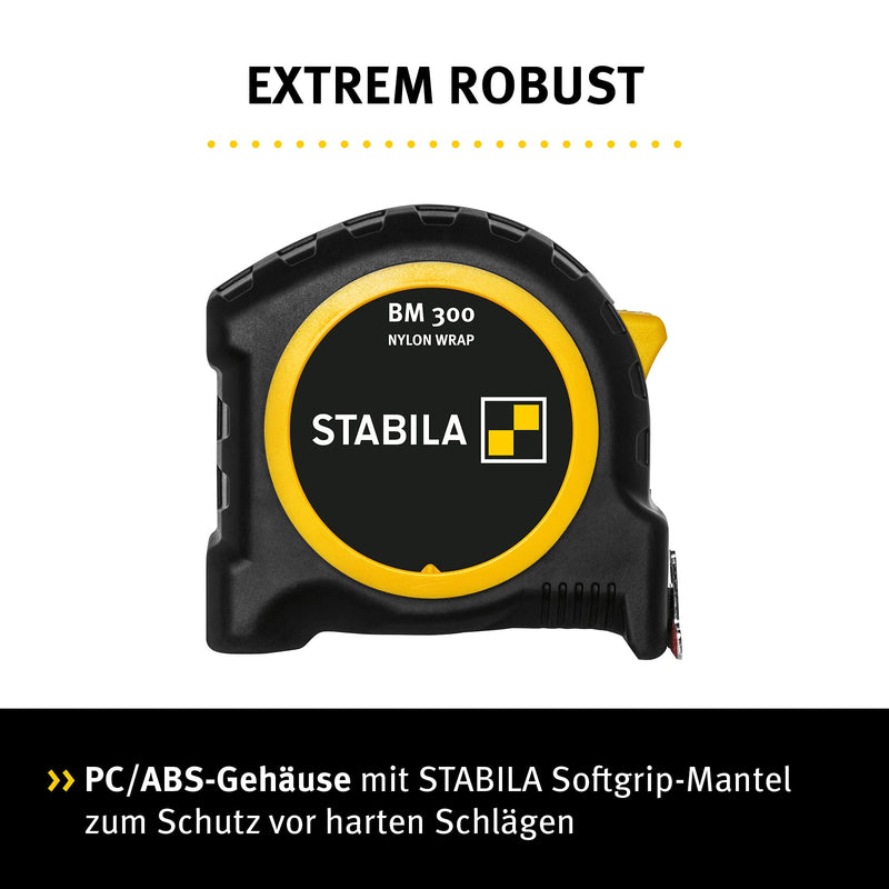 STABILA Pocket Tape Measure BM 300 8m Double Sided 1000 Scale Metric Shatterproof PC/ABS Case SPIKES Hook Steel Tape with NYLON WRAP Jacket Belt Clip MID Accuracy mm 8 m