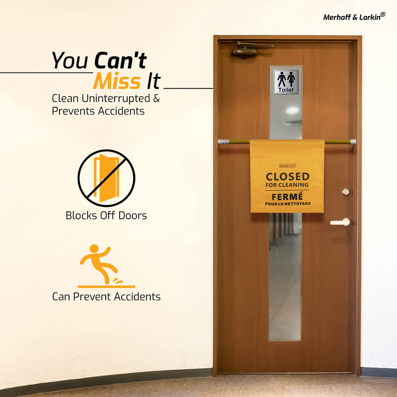 Closed For Cleaning Sign | English, Spanish & French | 28-53 Inch Expandable | For Janitors, Restrooms, & Bathrooms | Closed Restroom Cleaning Signs | Yellow Commercial Hanging Doorway Safety Banner