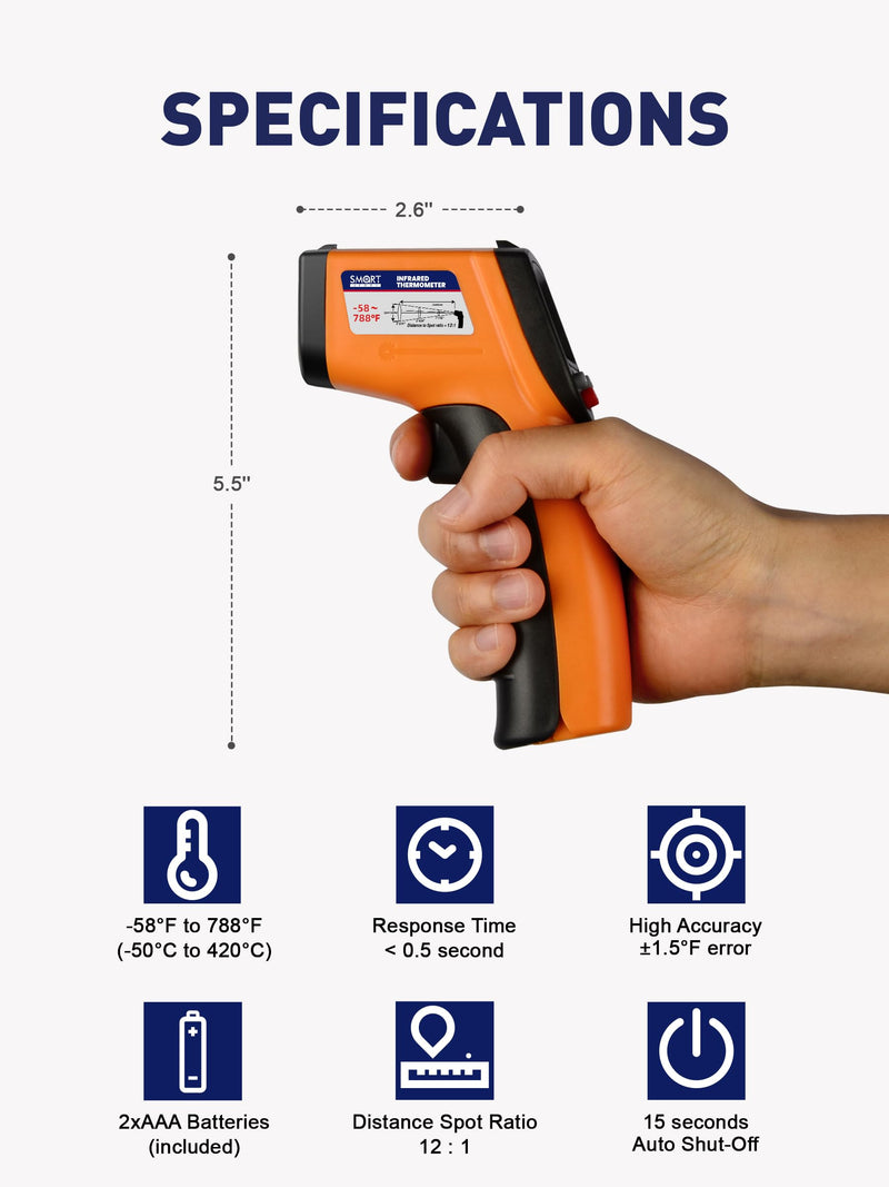 [Australia - AusPower] - SMART JERRY - Infrared Thermometer Gun | Non-Contact Digital Temperature Gun with -58°F to 788°F Range for Cooking, HVAC | Industrial & Home Use | Instant-Read with Backlit Display 