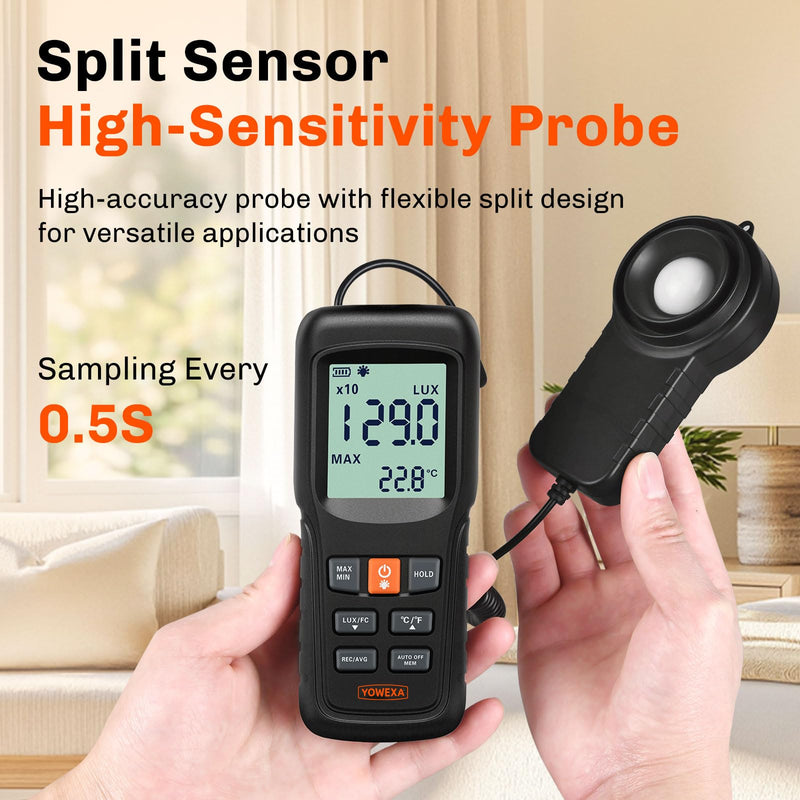 [Australia - AusPower] - YW-552 Digital Illuminance Light Meter, Split Sensor Lux/Foot Candles Meter 0–200,000 Lux, Data Record, Max/Min Mode, for Plants, Photography & Workspaces 