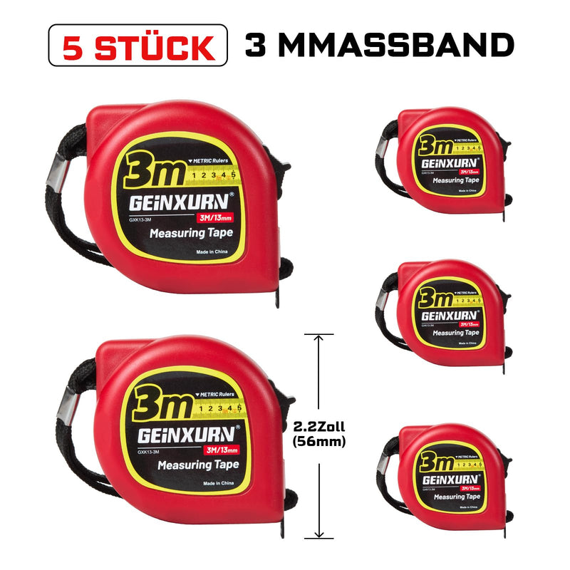 GEINXURN Set of 5 Tape Measure 3 m, ABS Plastic Housing, Steel Tape, Automatic Retraction & Lock, Robust Tape Measure with Belt Clip, Carrying Strap, Accuracy Class II for Private and Industrial 5 pieces