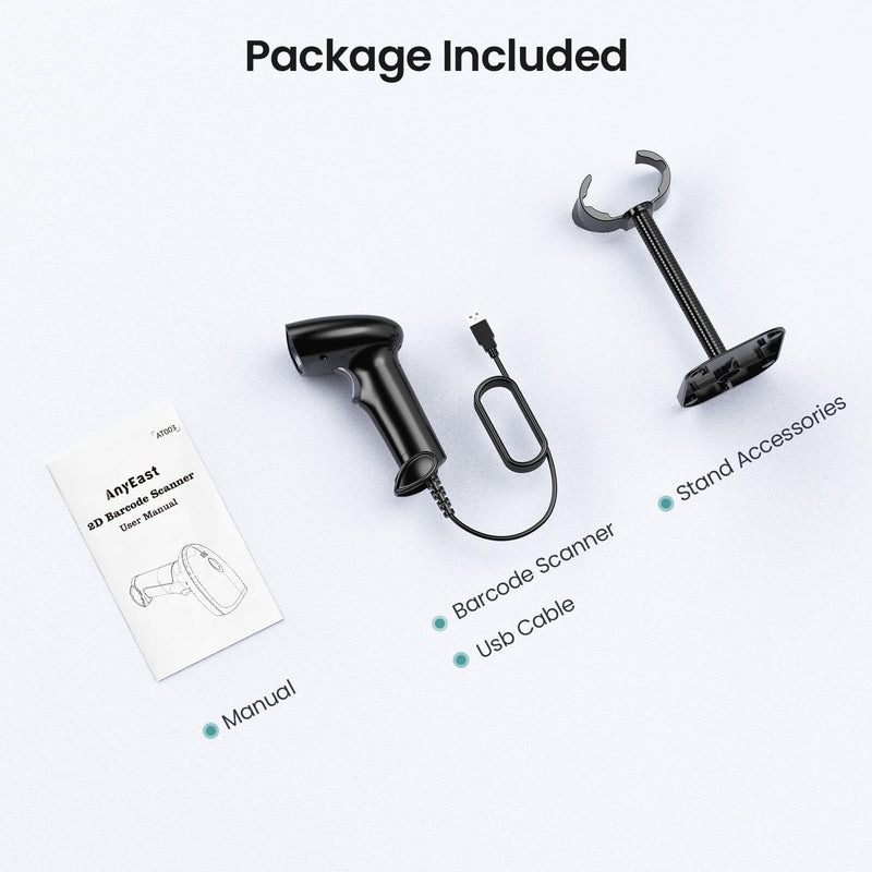Barcode Scanner with Stand, USB Wired Inventory 2D 1D QR Code Scanner for Computer POS MAC with Automatic Screen Scanning, Handheld CMOS Image Bar Code Reader for Warehouse Library Supermarket Black