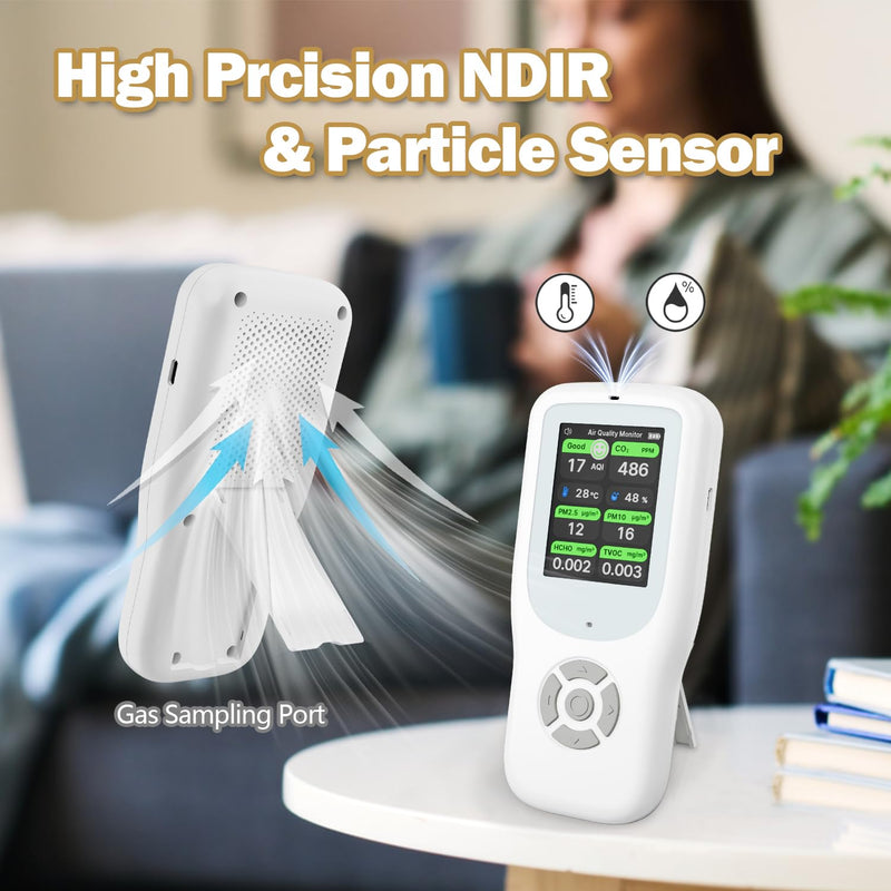 [Australia - AusPower] - 11-in-1 Air Quality Monitor - Portable Indoor Air Quality Detector with Stand, Real-Time Test for AQI, CO2, PM2.5, PM1.0, PM10, TVOC, HCHO, Particles, Temperature & Humidity with Aler (White-Black) White-Black 