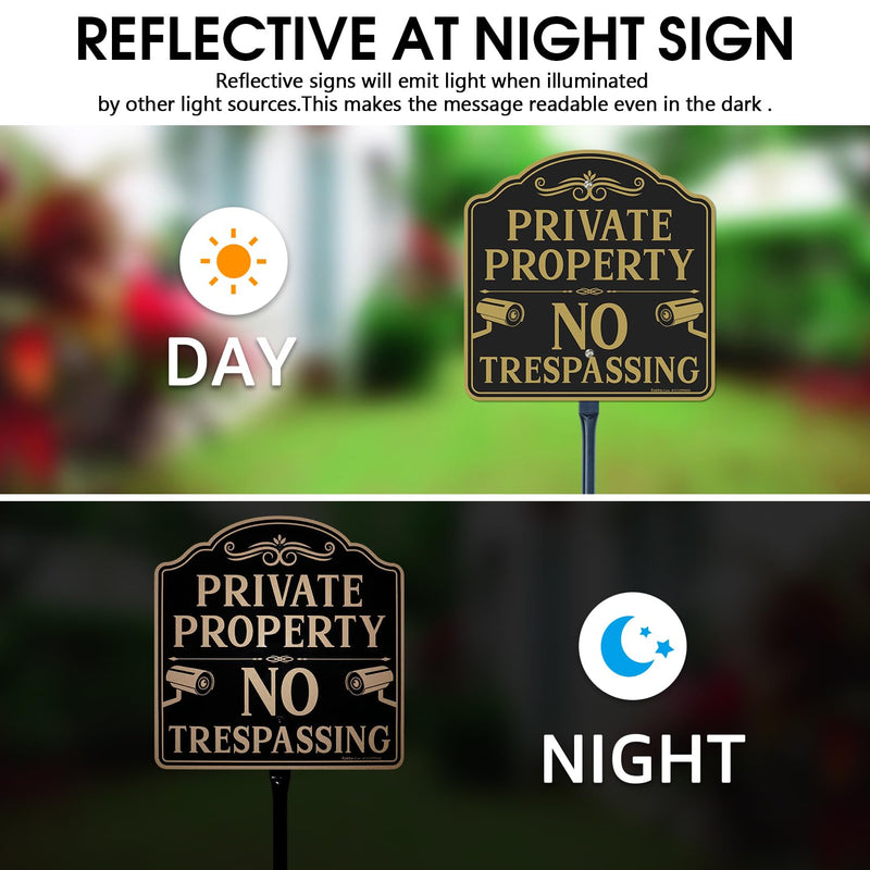 Faittoo Large No Trespassing Sign Private Property with 54" Metal Thick Stake, 12"x12" Rust Free Heavy Aluminum, Reflective, Fade Resistant, Easy to Mount, Outdoor Use Black Gold - 1 Pack