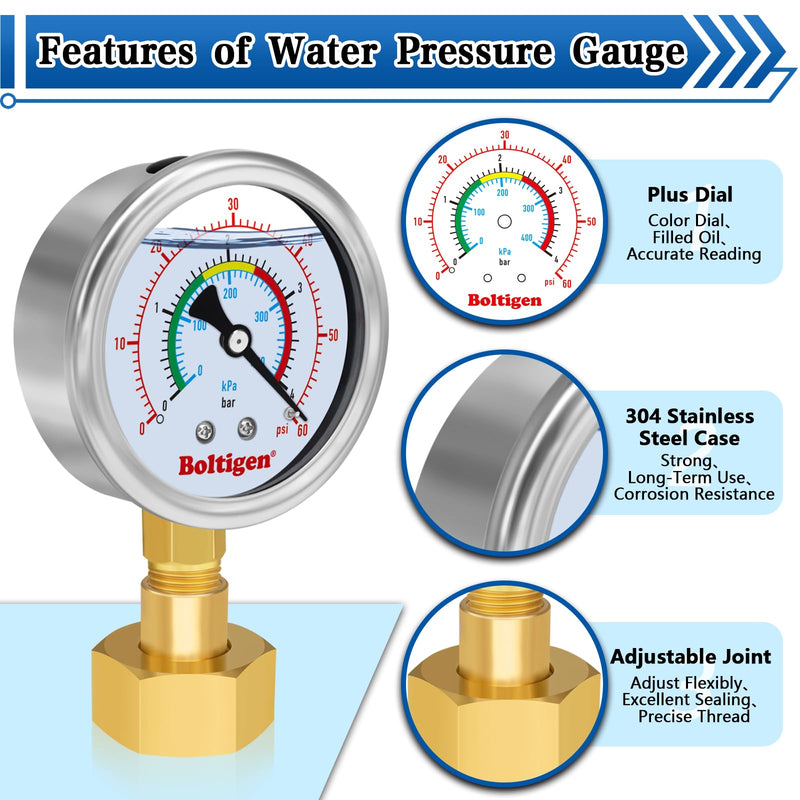 [Australia - AusPower] - 0-100 Psi Water Pressure Test Gauge, Water Pressure Gauge, 3/4" GHT Female Thread Pressure Gauge Filled with Oil, Water Pressure Gauge for Home, Fit for Home Indoors and Outdoors Pressure Test 0-100psi 