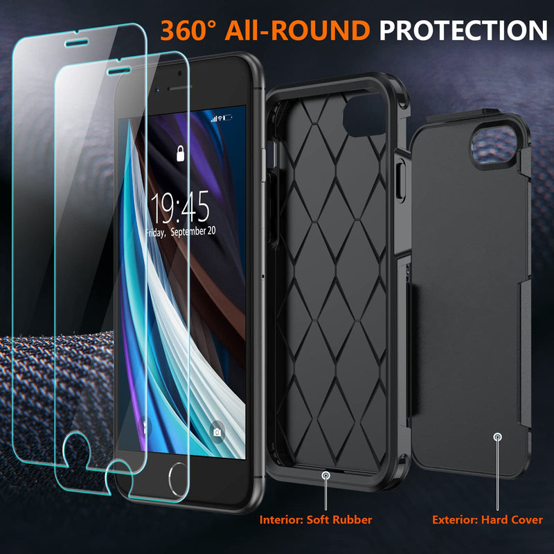 [Australia - AusPower] - xiwxi for iPhone SE Case 2022/3rd/2020,iPhone 8/7 Case,with [2xTempered Glass Screen Protector] [360 Full Body Shockproof] [Heavy Dropproof],Hard PC+Soft Silicone TPU+Glass Screen Phone Case-Black Black 