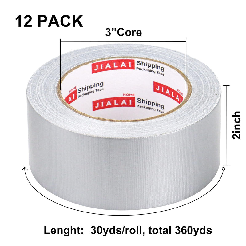 JIALAI HOME Duct Tape Heavy Duty Silver - 12 Roll Multi Pack - 30 Yards x 2 Inch - Strong, Flexible, Waterproof and Tear by Hand - for Home Use, Do-It-Yourself Projects and Repairs