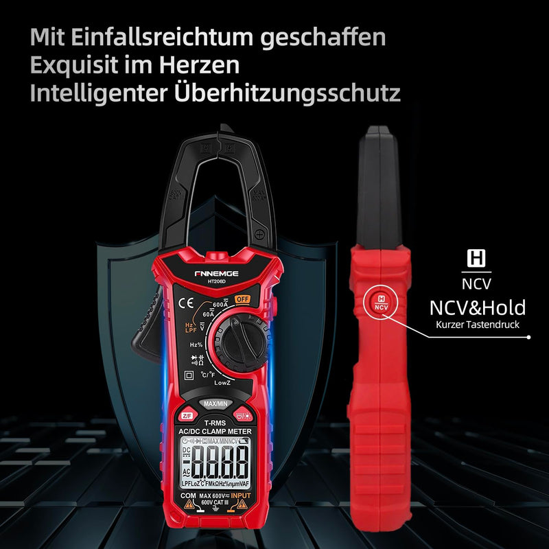 FNNEMGE HT206D Current Clamp, Current Meter DC/AC Current: 0-600A, Multimeter True-RMS 6000 Counts Auto Ranging, Measures Voltage Capacity Continuity (AC/DC Current)