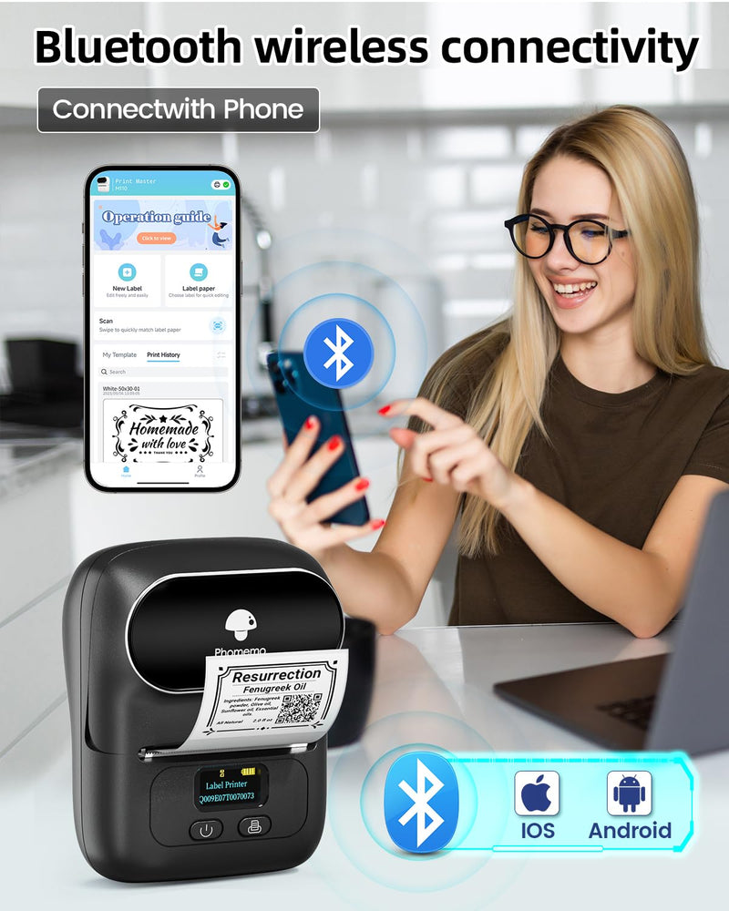 [Australia - AusPower] - Phomemo M110 Label Makers - Barcode Label Printer Bluetooth Portable Thermal Printer for Small Business, Address, Logo, Clothing, Mailing, Sticker Printer for Phones & PC, Black 1 Printer + 1 Roll Label 