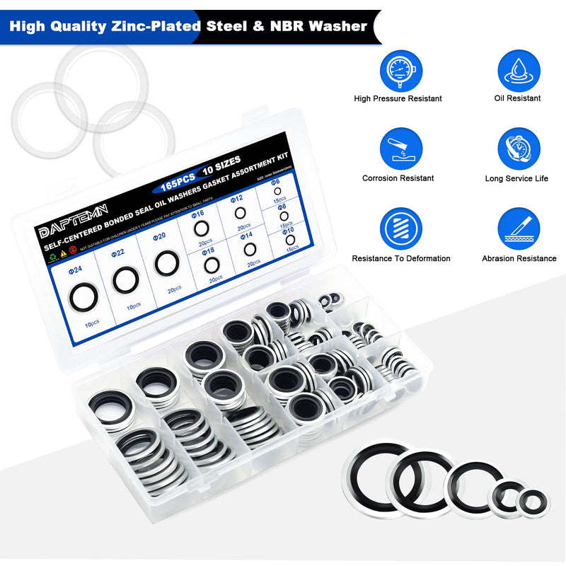 [Australia - AusPower] - 165PCS Bonded Sealing Washers, NBR Metric Zinc-Plated Steel Self-Centred Sealing Rubber Washers, Automotive Seal Gasket Crush O-Ring Assortment Kit Set M6 to M24 165PCS Black Seal Washers 