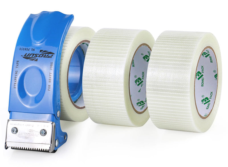 BOMEI PACK 3Rolls Filament Strapping Tape 2Inch with Dispenser, Heavy Duty Fiberglass Reinforced Packing Tape for Shipping, Cross Bi Directional Filanent Tape 2inch x 30Yds x 5.9Mil, Total 90Yds 3