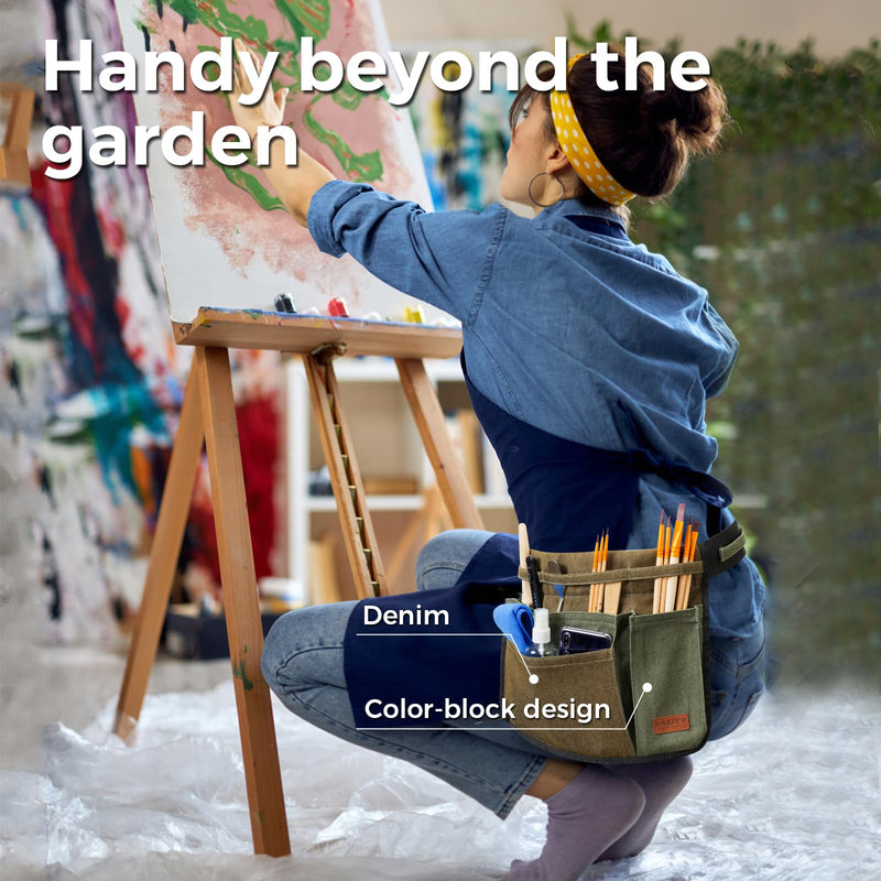 Garden Tool Belt for Women & Men, Wide Denim Garden Apron with 5 Pockets, Adjustable Utility Tool Pouch for Gardening, Florist, DIY & Craft, Green