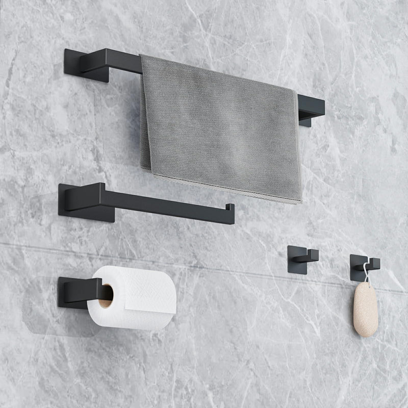 Self-Adhesive Bathroom Hardware Set 5 Pieces, Matte Black Stainless Steel Towel Bar Set, Includes 24Inch Single Rod, Towel bar,Toilet Paper Holder, Single Hook, Bathroom Towel Rack Set (Matte Black)