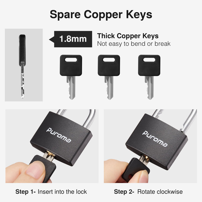 [Australia - AusPower] - Puroma Lock Keyed Padlock, 2 Pack Aluminum Locks with 3 Keys Alike, 1.1 Inch Locker Lock 43mm Small Padlocks for Gate, Fence, Shed, Toolbox, School Gym Locker (Black) Black 