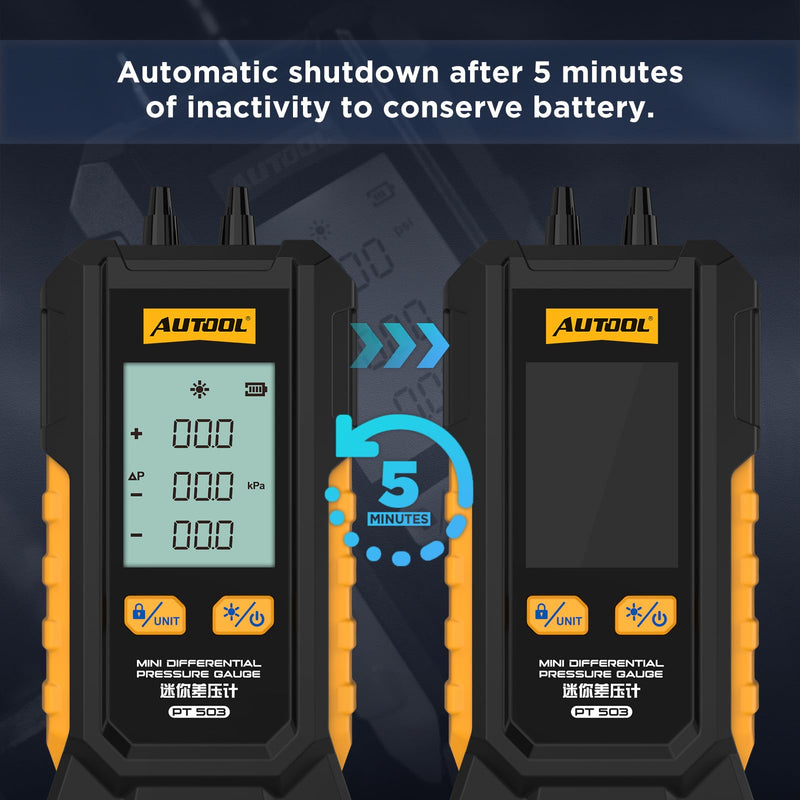 [Australia - AusPower] - AUTOOL Manometer Gas Pressure Tester, Digital Manometer HVAC, 6 Units Differential Dual Port Pressure Gauge -101 to 200Kpa, Data Zeroing with Backlight LCD Display PT503 