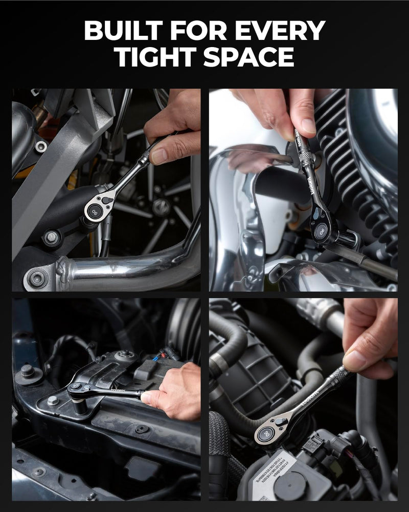 toolant 3PCS Ratchet Wrenches Set, 90-Tooth Compact ratchet sets 1/4", 3/8", 1/2", 4° Swing, Black Titanium Finish with Reversible Quick Release for Men Mechanic Hand Tools Fix-head Ratchet
