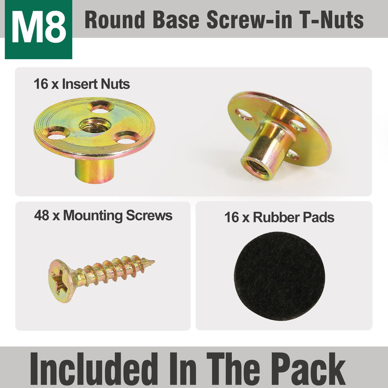 [Australia - AusPower] - FoDau770 M8 Brad Hole T-Nut with Screws, Zinc Plated Carbon Steel 3-Hole T-Nuts, Insert Female Thread Mounting Fastener for Wood Furniture and DIY Project - 16 Set (64 Pieces) 