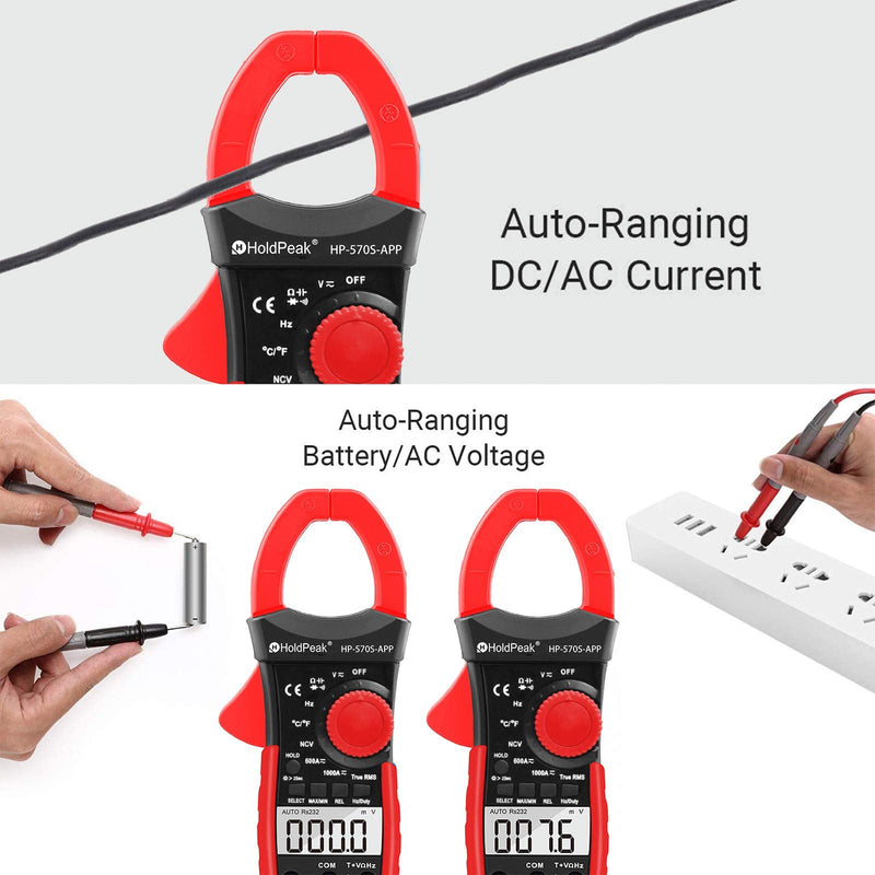 [Australia - AusPower] - HOLAPEAK Digital Clamp Multimeter Connect with APP via Bluetooth HP-570S-APP Voltage Multimeter with Amp Ohm Tester, 6000 Count with NCV, Auto Range, AC/DC Voltage AC/DC Current,Resistance 
