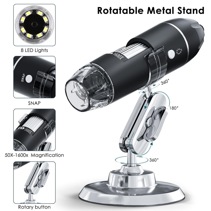 [Australia - AusPower] - USB Digital Microscope, SKYBASIC Handheld HD Inspection Camera with 50x to 1600x Magnification and Adjustable Stand, 8 LED Lights, Compatible with iOS and Android Devices Black 