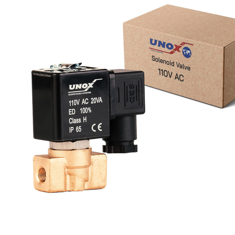 UNOX 1/8" NPT Solenoid Valve 110V AC, Brass Control Valve Normally Closed - 0-232 PSI Multi-Purpose Reliable Control Valve for Water, Air, and Gas - Solenoid Valves 0.125 Inch