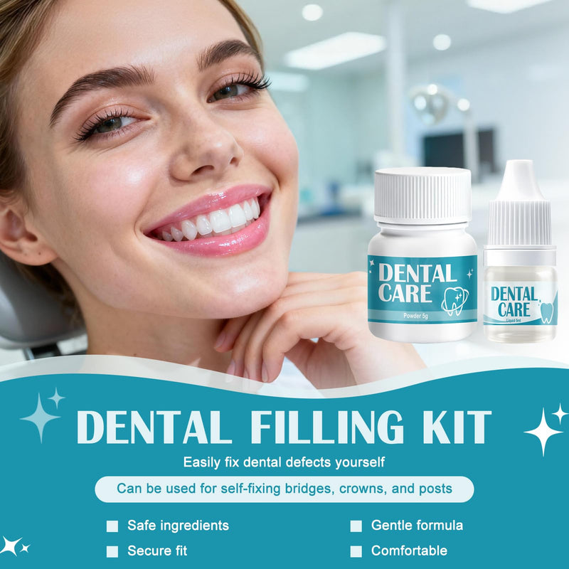 Dental cement self-hardening durable, tooth adhesive for crowns, 5 g + 5 ml | Dental denture glue, solution for crowns, bridges, dental caries and lost fillings, dental filling repair kit