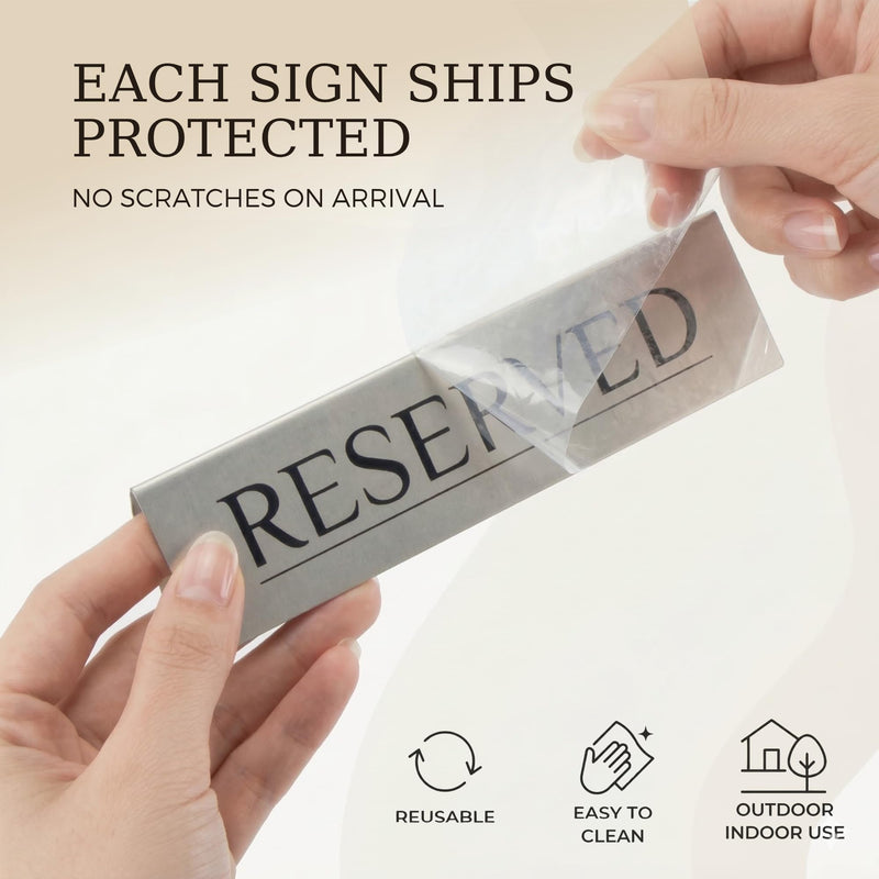 Reserved Table Signs Set of 6 | Raised Black Letters, Brushed Stainless Steel, Reusable Double-Sided | Reserved Seating Signs for Weddings, Restaurants, Church Pews, Events | 6×1.6 in Silver/Black Letters 6 Pieces