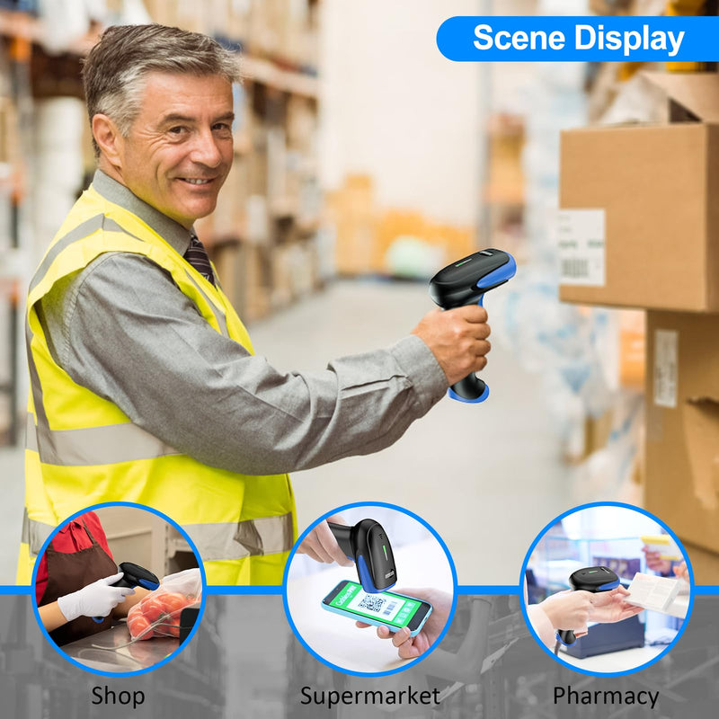 Symcode 2D Wireless Barcode Scanner,Bluetooth6.0 & Wireless2.4G & USB Wired Connection, 1D 2D QR Bar Code Reader Scanner Automatic Fast Precise scanning for Smart Phone, Tablet, PC Blue