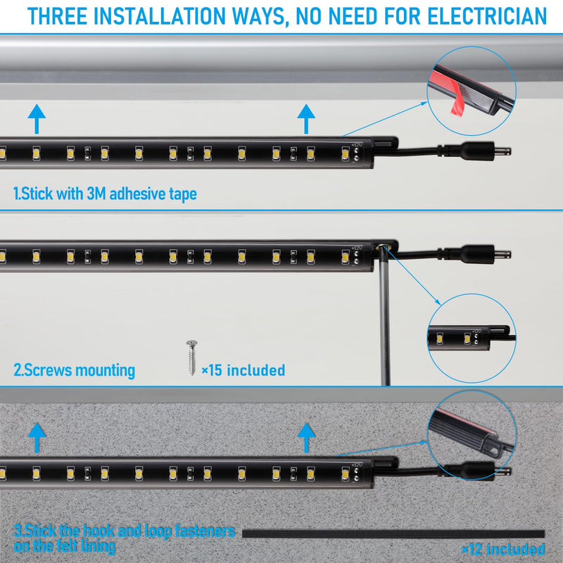 TORCHSTAR LED Safe Lighting Kit, (6) 12 Inch Linkable Light Bars + Motion Sensor + UL Power Adapter, 900LM, Input 100-240V, for Under Cabinet Gun Safe Locker Closet Showcase, 3000K Warm White Warm White (3000K)