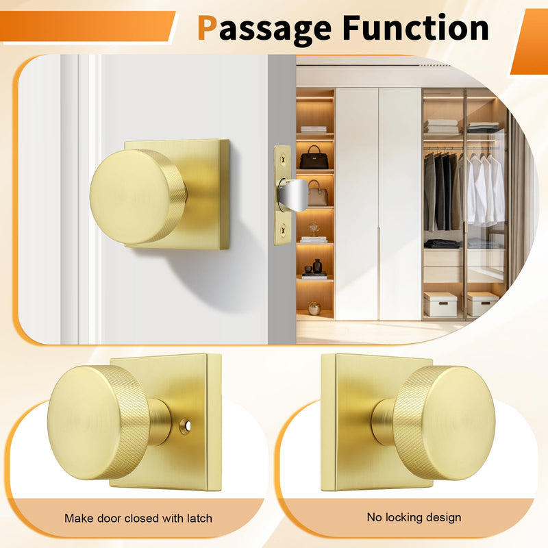 Probrico Gold Door Knobs Interior, Brushed Brass Passage Door Knob for Hallway Closet, Square Closet Door Knob with Round Knob, 1 Pack Brushed Gold