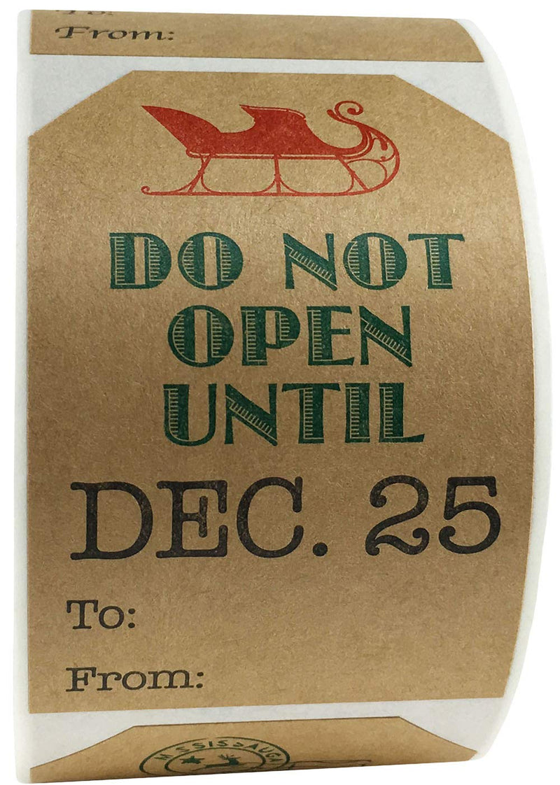 Do Not Open Until December Christmas Gift Tags Stickers – 2 x 3 Inch Natural Kraft Paper Stickers – 25 Adhesive Holiday Labels with 4 Different Vintage Designs– Eco-Friendly, Made in USA