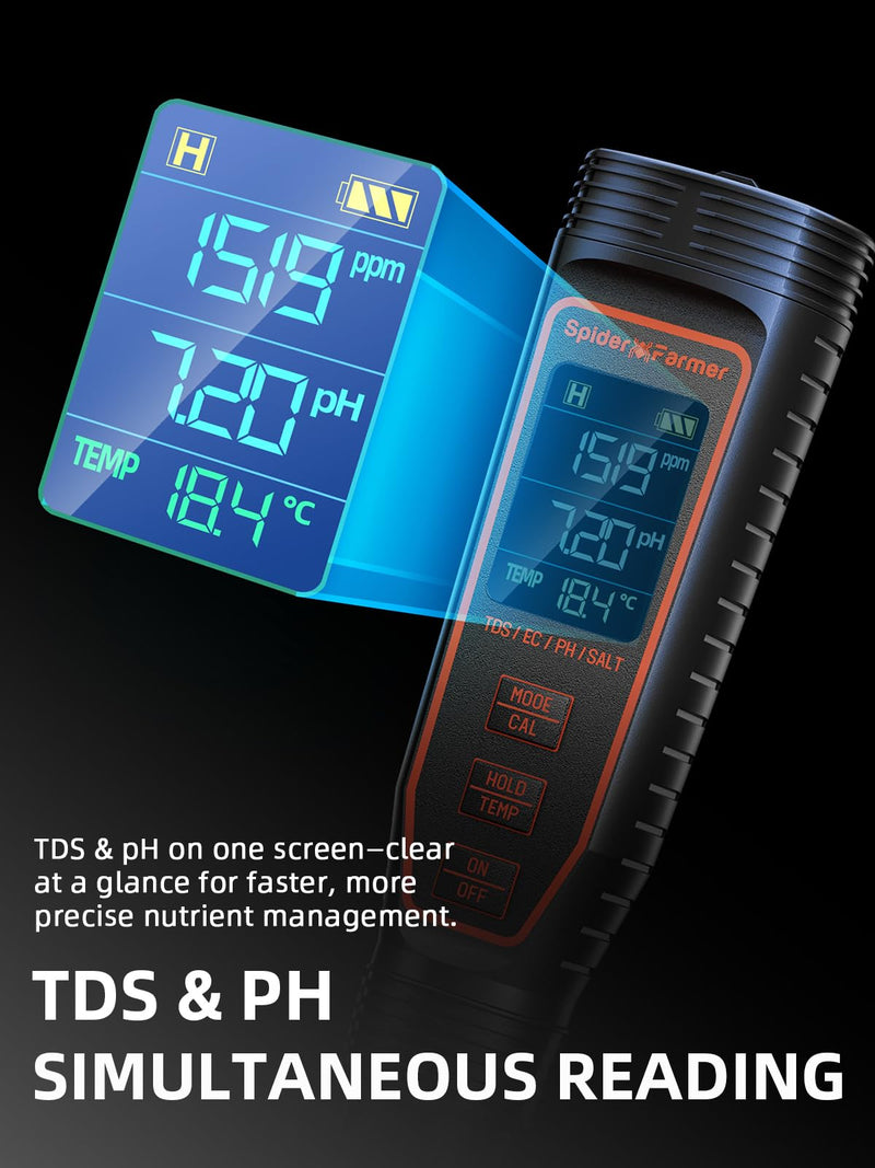 [Australia - AusPower] - Spider Farmer 5-in-1 Digital pH Meter Kit for Water, TDS EC Temperature Salinity Tester with ATC Rechargeable for Plants Hydroponics Pool Fish Tank and Aquarium (IP67 Waterproof) 