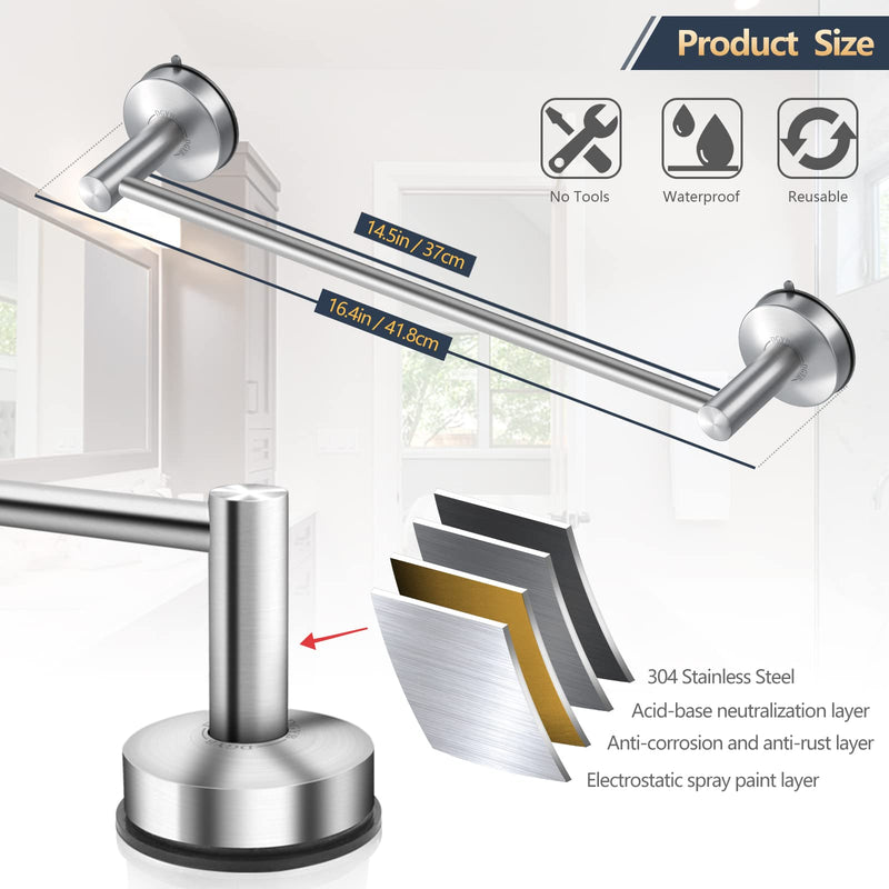 DGYB Suction Cup Towel Bar for Bathroom 17 Inch Brushed Nickel Towel Holder Stainless Steel Premium Kitchen Towel Rack Wall Mounted 17in Silver Brushed Nickel