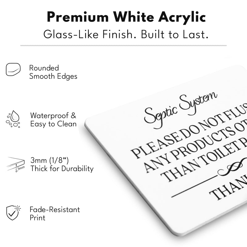 Septic System Do Not Flush Toilet Sign 2-Pack (White Acrylic 5 x 3.5 in) - Do Not Flush Anything Except Toilet Paper Sign - Bathroom Signs for Business - Airbnb and Restroom Signage White (Pack of 2)