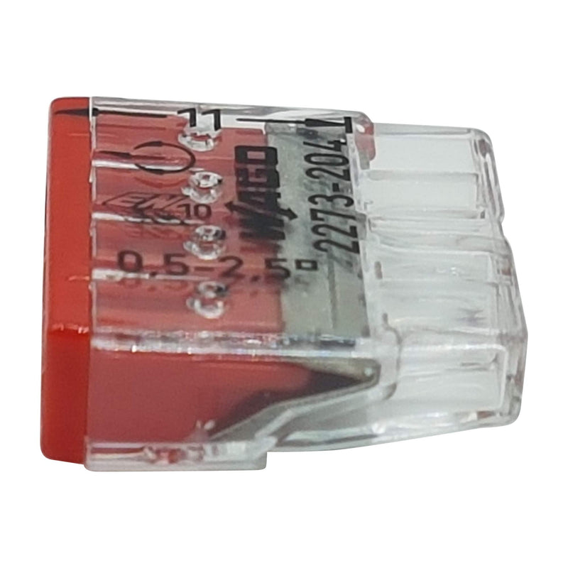 Pack of 30 Wago 2273-204 Compact Connectors for Junction Boxes, Diameter 0.5 - 2.5 mm², 4-Pin, Transparent/Red | 4-pole, 450 V Push-in terminals in transparent/red for solid conductors, 0.5 - 2.5 mm² nominal cross-section, 24 A rated current