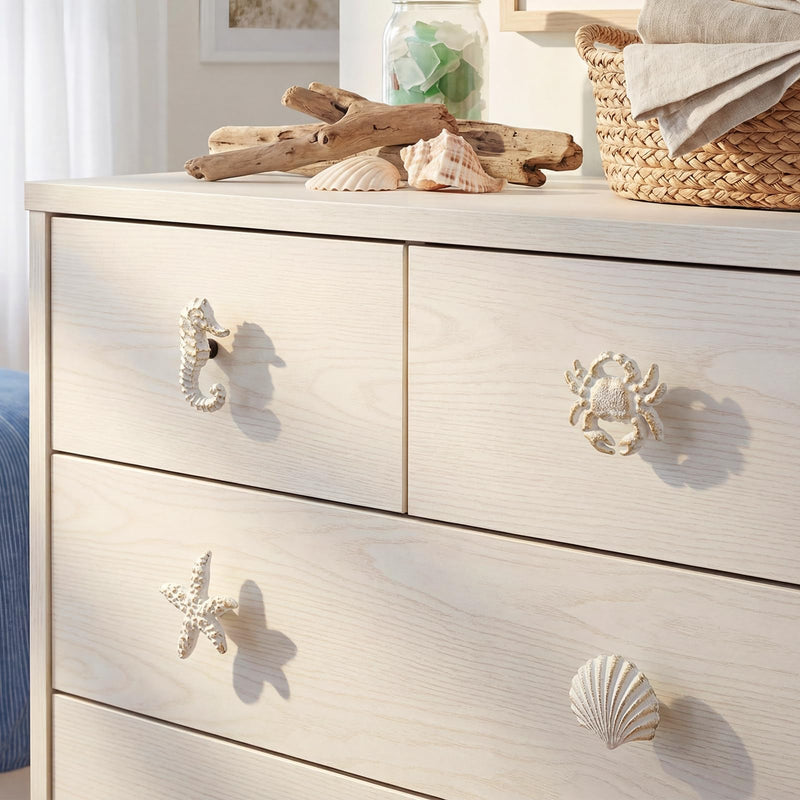 Zonon 8 Pcs Coastal Nautical Cabinet Knobs, Beach Ocean Themed Drawer Knobs, Starfish Seashell Seahorse Crab Cabinet Pulls & Handle, Metal Knob for Dresser Cupboard Wardrobe (White) White Gold Stylish Style