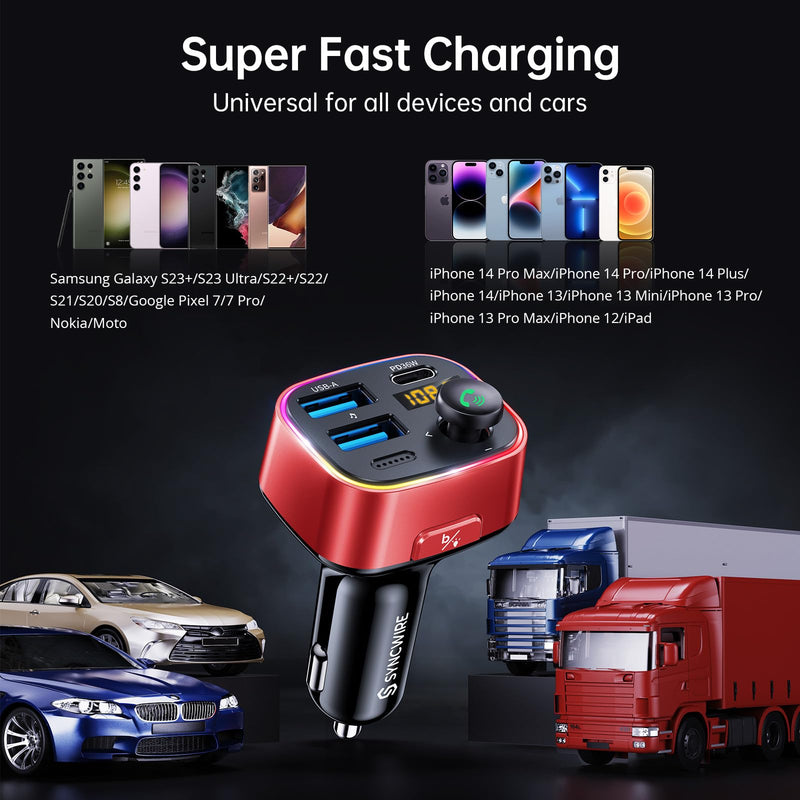 [Australia - AusPower] - Syncwire Bluetooth 5.3 FM Transmitter Car Adapter 48W (PD 36W & 12W) [Light Switch] [Hi-Fi Deep Bass] [Fast Charge] Wireless Radio Music Adapter LED Display Hands-Free Calling Support USB Drive, Red 