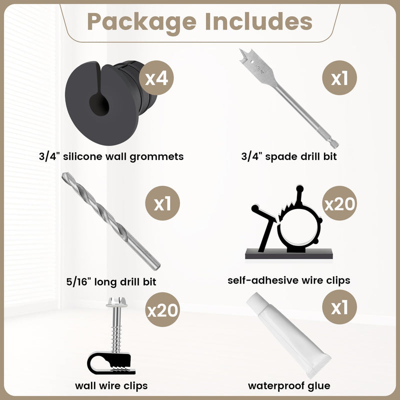 Starlink Cable Grommet Routing Kit for 3/4 inch Wall Hole, 4PCS Wall Grommets Accessories Including 3/4" Spade Drill Bit, Drill bit, and 40 Wall Wire Clips 3/4 inch kit