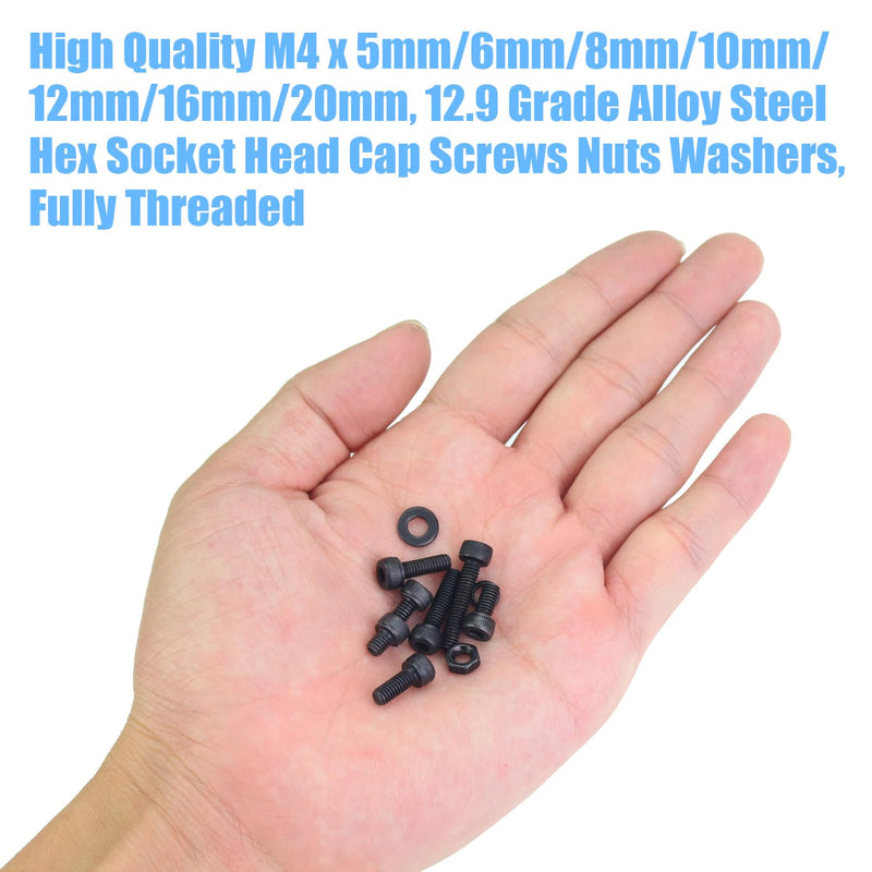 [Australia - AusPower] - 386 Pieces M4 Black Screws, 12.9 Grade Alloy Steel M4x 5/6 /8/10 /12/16 /20mm Hex Socket Head Cap Screws Bolts Nuts Washers Assortment Kit 